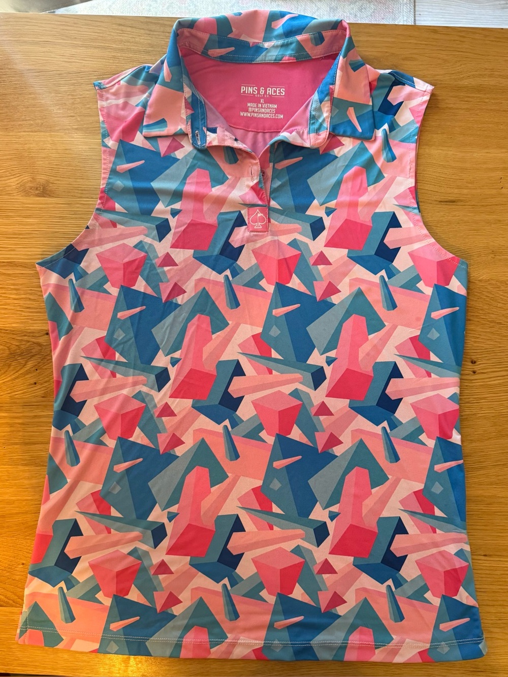 Pins & Aces Women's Sleeveless Polo Tank - Pink & Blue Geo Print